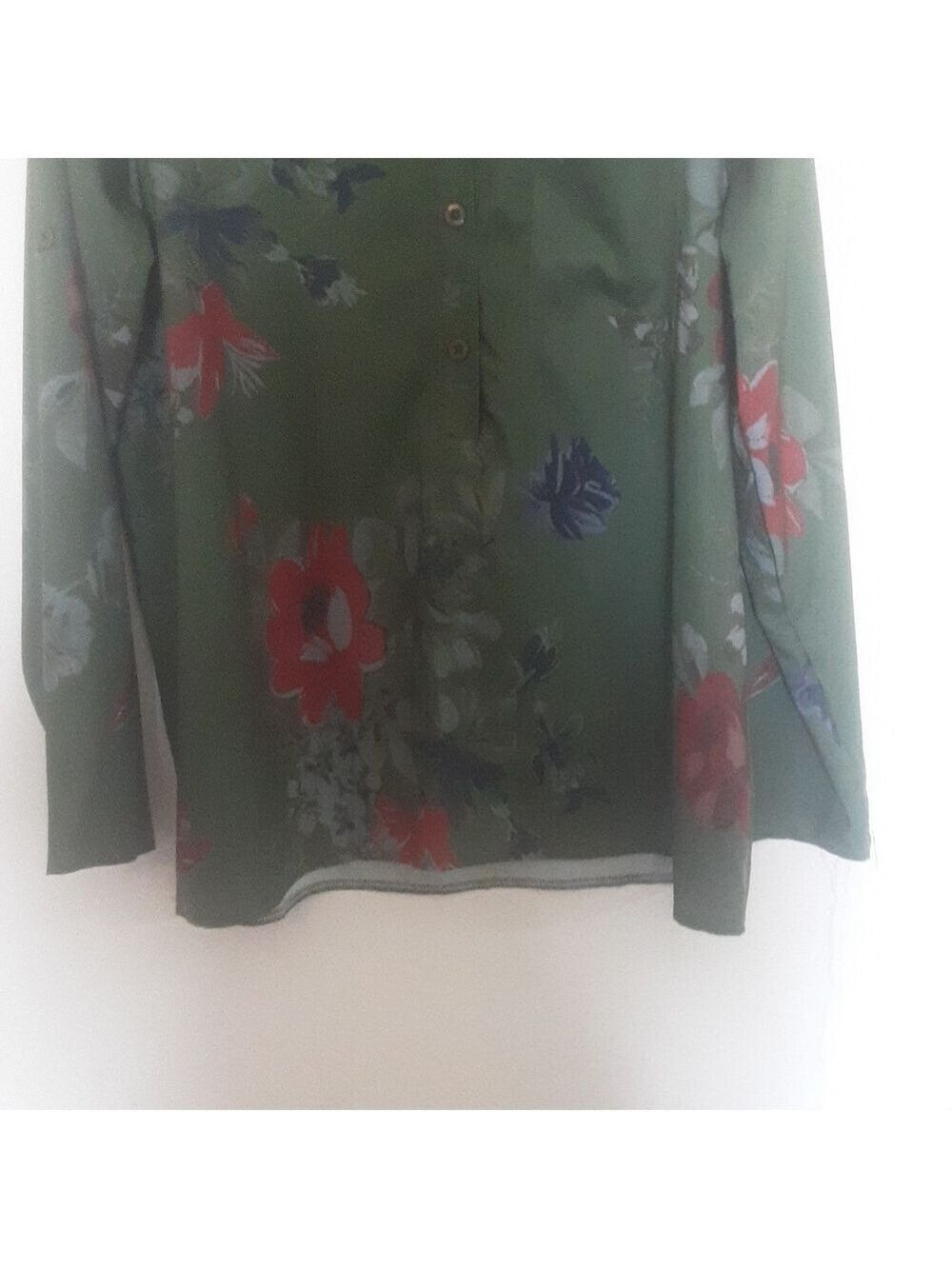 #0080 - MISSLOOK Olive Green Floral Button-Front Blouse with Red & Blue Accents - Picture 5 of 7